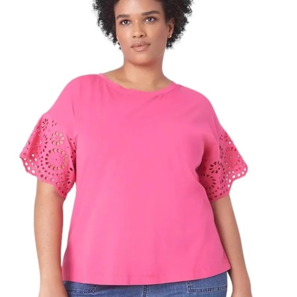 Lane Bryant 18 / 20 Plus Woven Eyelet Sleeve Crew Neck Tee Pink 2X - Picture 1 of 2